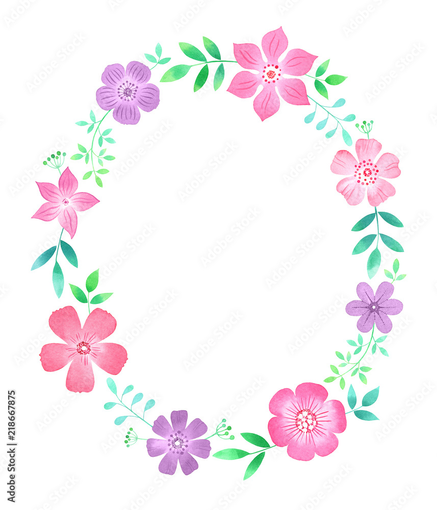 Watercolor floral wreath. Oval frame design with flowers and leaves