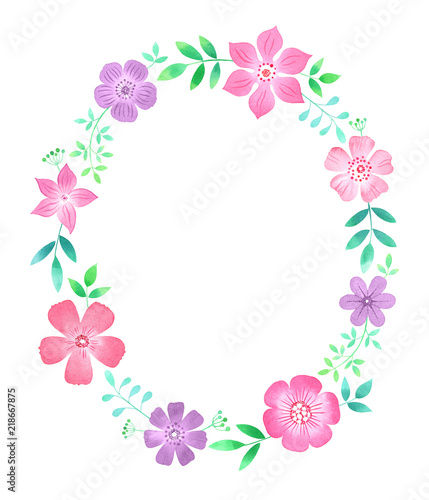 Watercolor floral wreath. Oval frame design with flowers and leaves