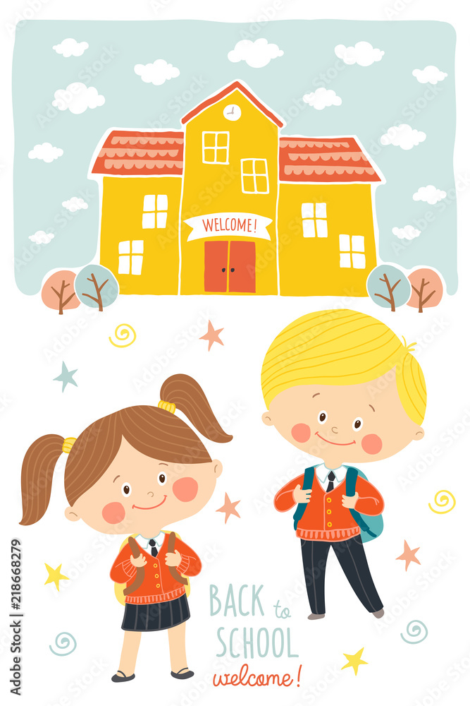 Back to school card design. Children going to school in school uniforms and with schoolbags. Preschool girl and boy in schoolyard. School building exterior. Cartoon vector illustration in flat style. Back to school card design. Children going to school in school uniforms and with schoolbags. Preschool girl and boy in schoolyard. School building exterior. Cartoon vector illustration in flat style.