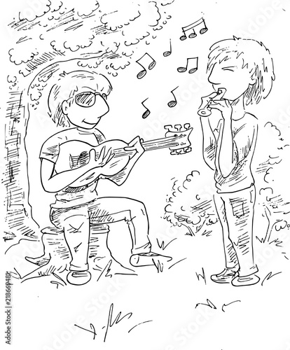 Buiten in het bos muziek maken