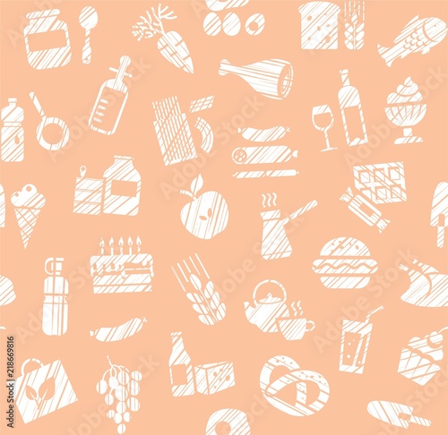 Food, seamless pattern, grocery store, pencil shading, single color, pink, vector. Food and drinks, production and sale. White icons on the pink field.