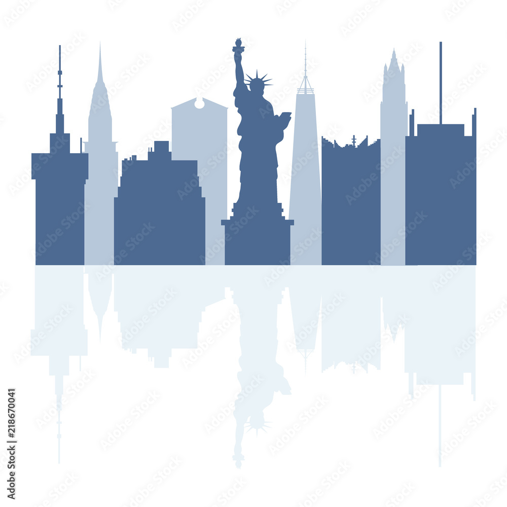 Silhouettes of Statue of Liberty, famous buildings and modern buildings in the USA.