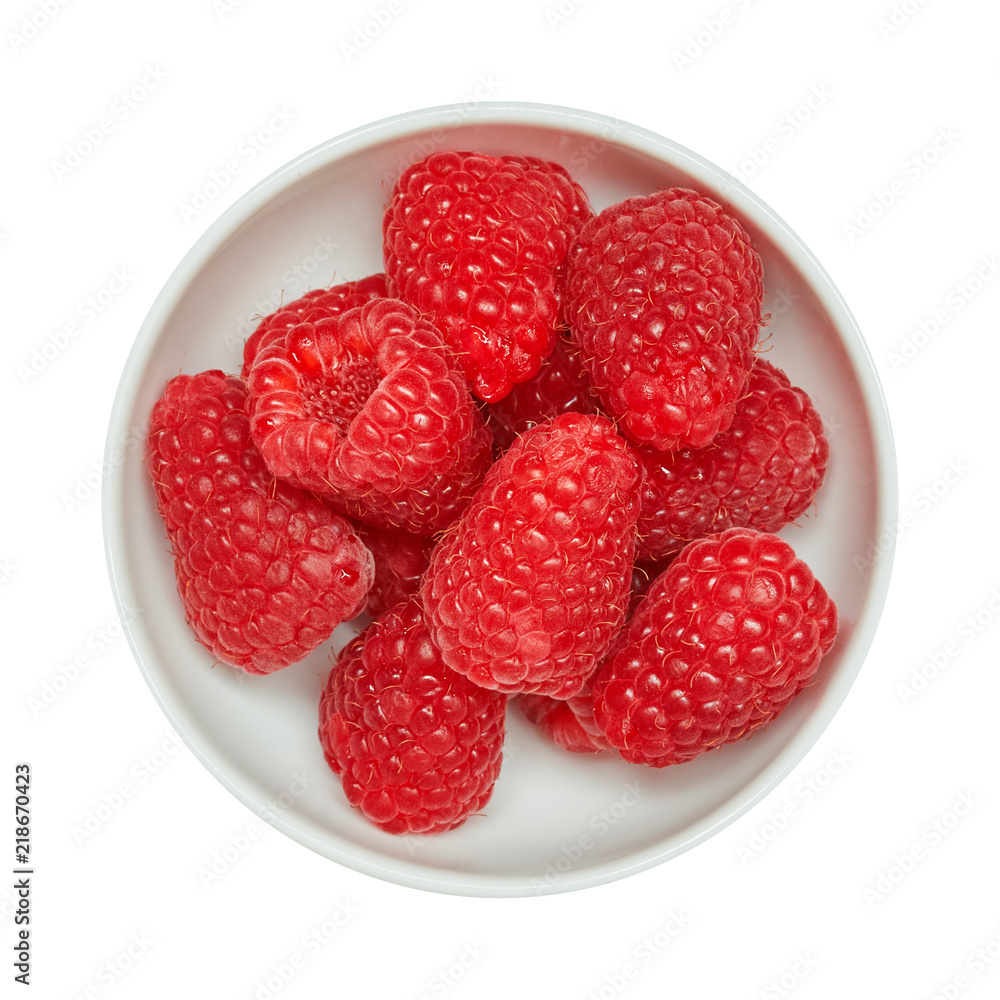 Fresh ripe raspberries in ceramic bowl isolated on white background. Ingredients for cooking. Top view. Fresh ripe raspberries in ceramic bowl isolated on white background. Ingredients for cooking. Top view.