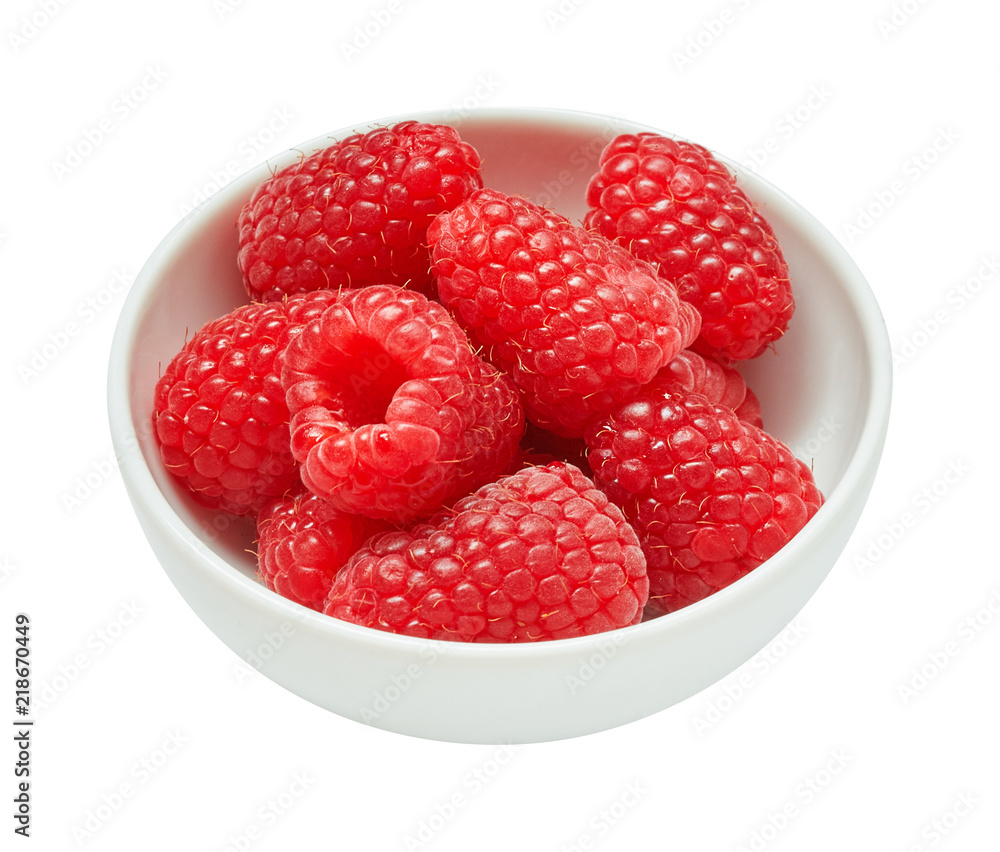 Fresh ripe raspberries in ceramic bowl isolated on white background. Ingredients for cooking. Top view. Fresh ripe raspberries in ceramic bowl isolated on white background. Ingredients for cooking. Top view.