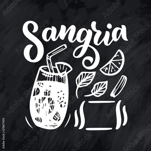 Freehand sketch style drawing of sangria, cocktail glass, various fruits and hand written lettering. Spanish Cocktail recipe. Vector illustration