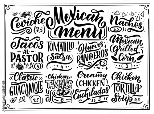 Mexican Menu lettering with traditional food names Guacamole, Enchilada, Tacos, Nachos and more. Vector vintage illustration on background