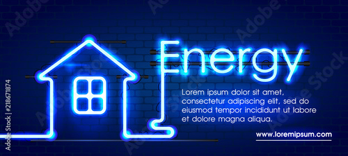 Eco energy saving light led bulb, glowing compact fluorescent lightbulb. Energy saving digital design concept of blue glowing neon sign and house. Eco energy banner.