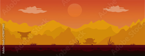 Flat background in Chinese style with mountains and Pagodas at sunset.
