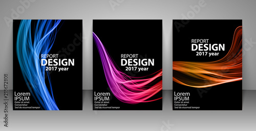Brochure with futuristic colorful light wave background. Report, flyer, business layout, presentation template A4 size. Vector illustration.