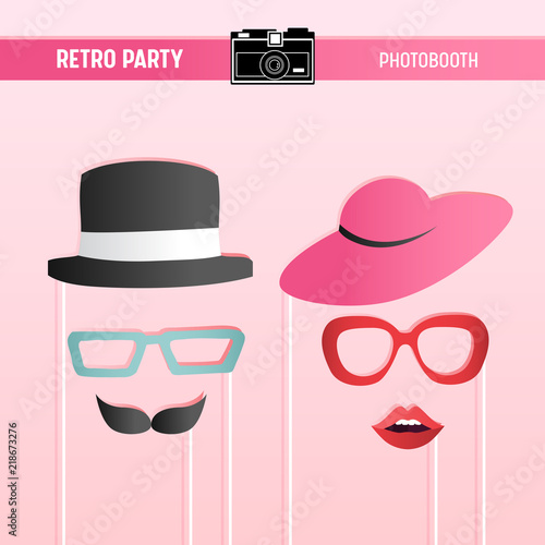 Retro party, bridal shower, wedding celebration, movember printable Glasses, Hats, Lips, Moustaches, Masks for photobooth props in vector