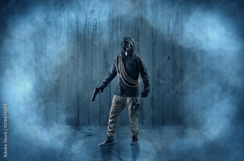 Fototapeta premium Dreadful dangerous man with wood, shanty wallpaper and fume around 