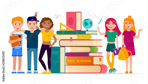 Back to school vector concept illustration with cheerful children cartoon characters gathering at stack of books isolated on white background. Smiling Happy Students are back to classes in flat design