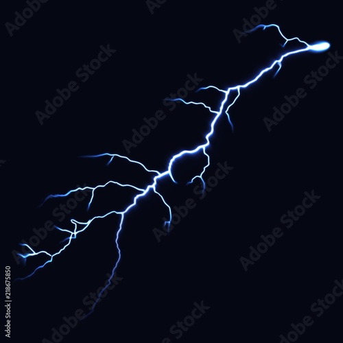 Lightning strikes. Electric light thunder spark. Realistic lightning on dark background. Vector illustration
