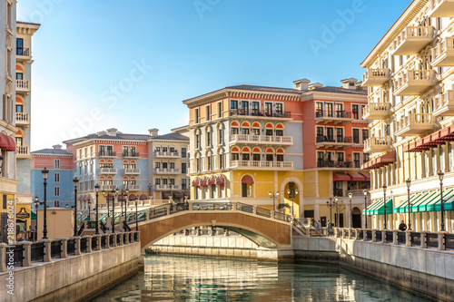 The canals of Venice like Qanat Quartier at the Pearl in Doha, Qatar in a late afternoon.