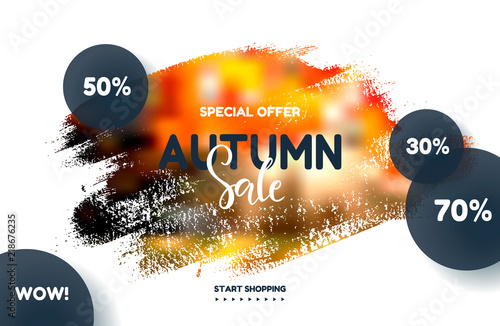 Trendy autumn background with brush stroke. Sale banner template Fall seasonal poster or card. Vector illustration