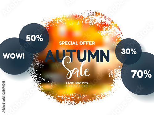 Trendy autumn background with brush stroke. Sale banner template Fall seasonal poster or card. Vector illustration