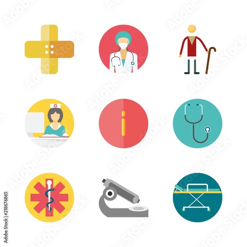 hospital vector icons set. info, elder, microscope and stethoscope in this set