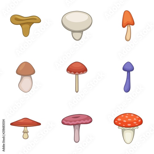 Mushrooming icons set. Cartoon set of 9 mushrooming vector icons for web isolated on white background