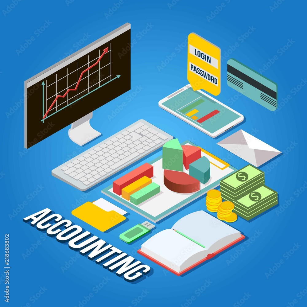 Accounting, business concept. Can use for web banner, infographics. Accountant workspace elements. Flat isometric vector illustration Accounting, business concept. Can use for web banner, infographics. Accountant workspace elements. Flat isometric vector illustration