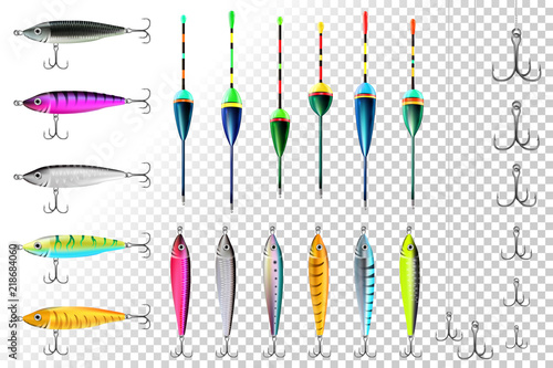 Fishing lures set. Realistic hooks collection for catching salmon, catfish, tuna, pike, perch, marlin, bass, trout or tarpon. Wobblers vector for web and printed products.