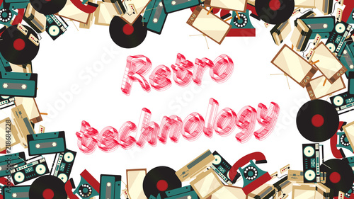 Frame of old vintage retro electronics from TVs, cassette tape recorders, vinyl records, computers, game consoles, phones from the 70's, 80's, 90's with the inscription of retro technology