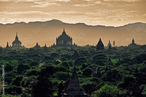 Dark moody sunset with ancient temples in Bagan  Myanmar