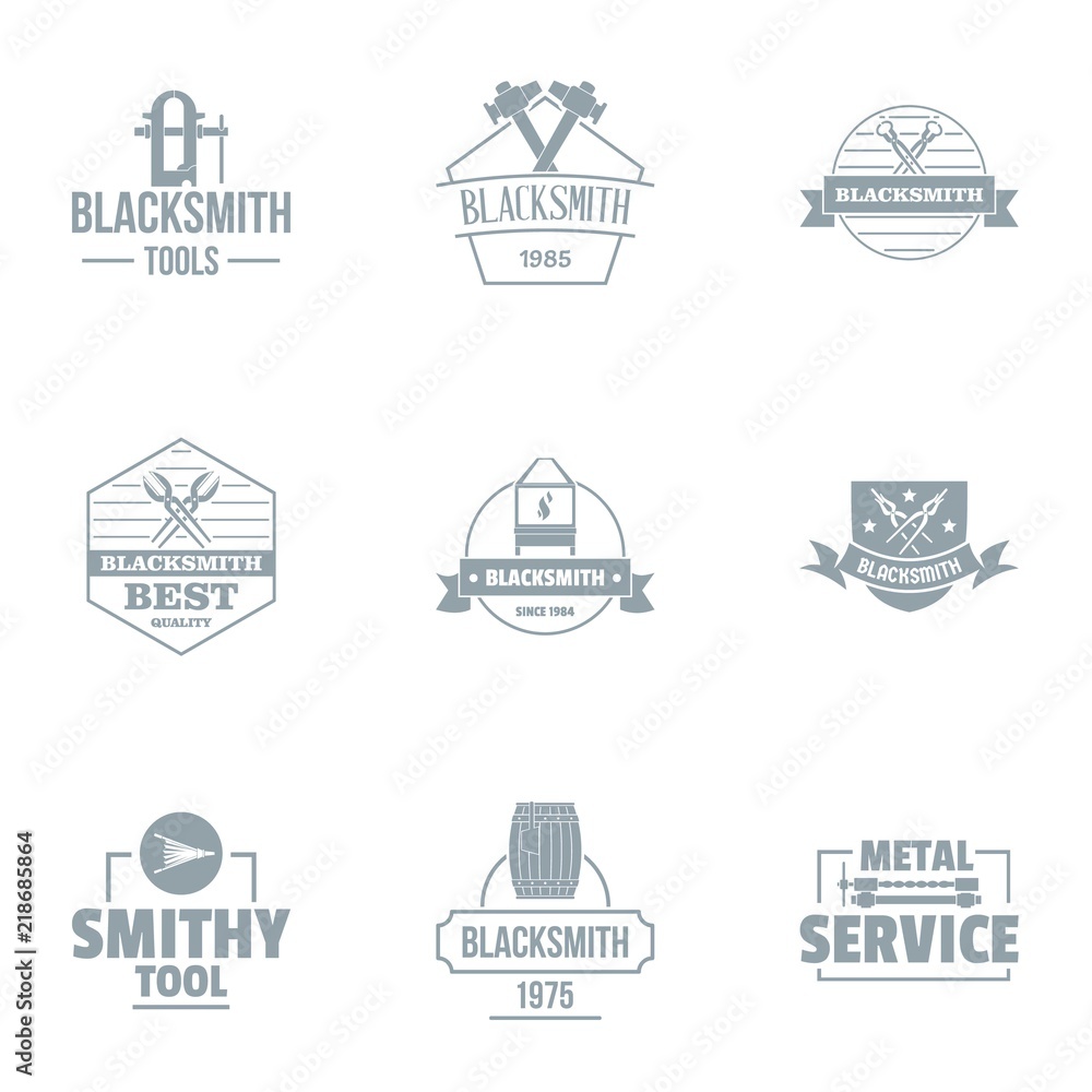 Blacksmithing logo set. Simple set of 9 blacksmithing vector logo for web isolated on white background Blacksmithing logo set. Simple set of 9 blacksmithing vector logo for web isolated on white background