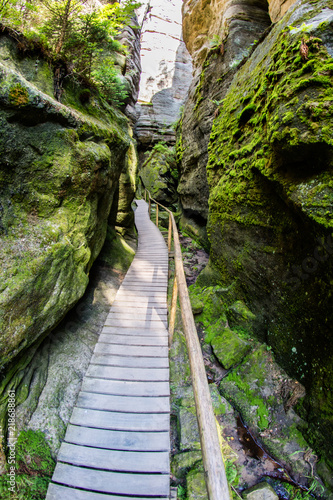 Rock town in central europe. A trail leading in a mountainous area.