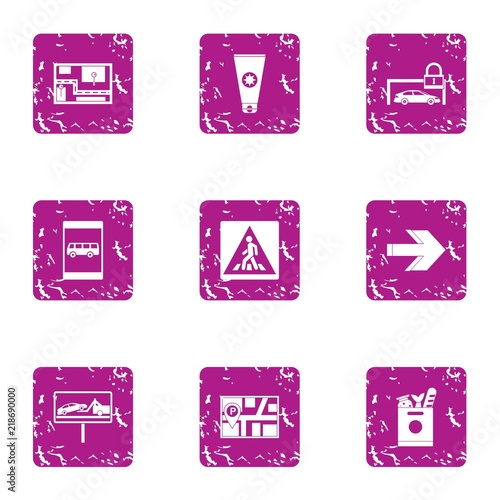 Way guide icons set. Grunge set of 9 way guide vector icons for web isolated on white background