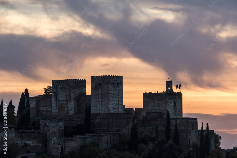 beautiful sunset over the Alhambra, from Sacromonte, Granada, Spain