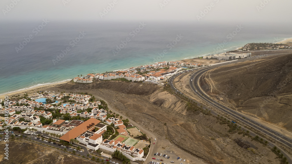 Aerial shot of seaside resort in Fuerteventura, Canary Islands