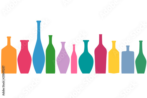 Bright colored bottles in a row, different type of bottles collection, horizontal flat decoration