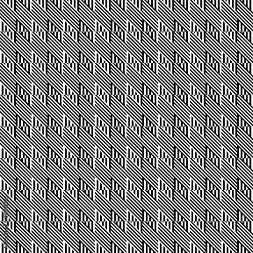 Seamless pattern with striped black white straight lines and diagonal inclined lines. Optical illusion effect. Geometric op art style. Vector illusive background for cloth, textile, print, web.