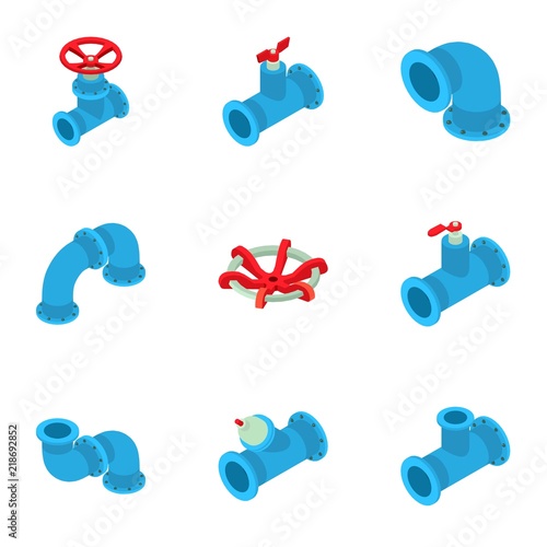 Branch pipe icons set. Isometric set of 9 branch pipe vector icons for web isolated on white background