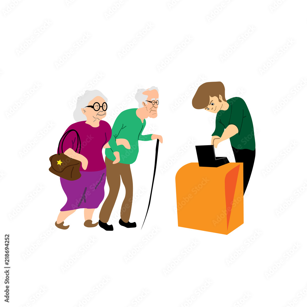 old people waiting in a queue at counter vector illustration, elder Grandparents in the waiting line