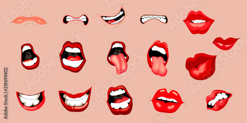 Mouth expressions vector, cute cartoon facial gestures set with pouting lips smiling sticking out tongue illustration