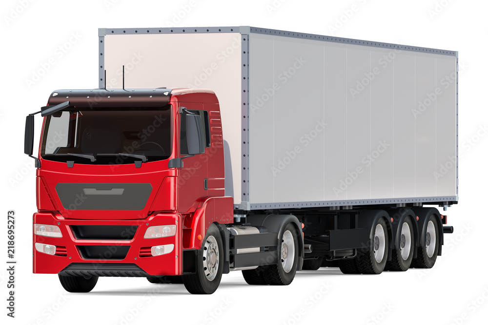 Truck with isothermal van, side view. 3D rendering