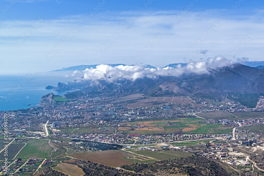 The tops of the mountains are covered with clouds. Crimea.