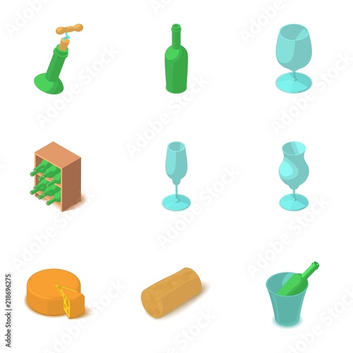 Wine glass icons set. Isometric set of 9 wine glass vector icons for web isolated on white background