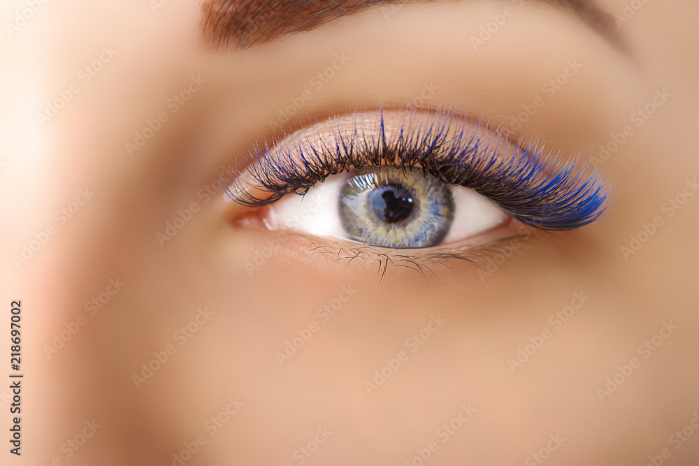 Obraz premium Eyelash Extension Procedure. Woman Eye with Long Blue Eyelashes. Ombre effect. Close up, selective focus.