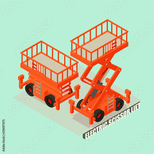 Electric scissor lift concept background. Isometric illustration of electric scissor lift vector concept background for web design