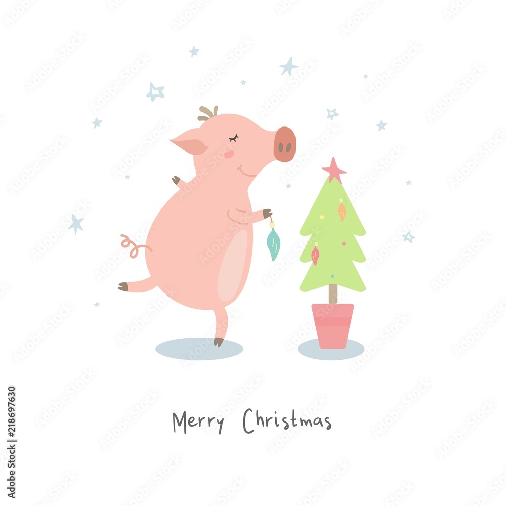 Naklejka premium Merry Christmas. Postcard with cute piggy. 2019.