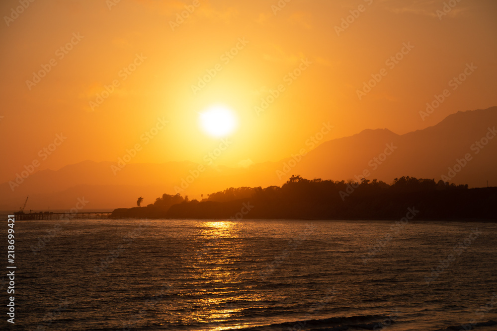 Sunset, Santa Barbara, California, Rincon Beach, sea, pacific ocean, orange