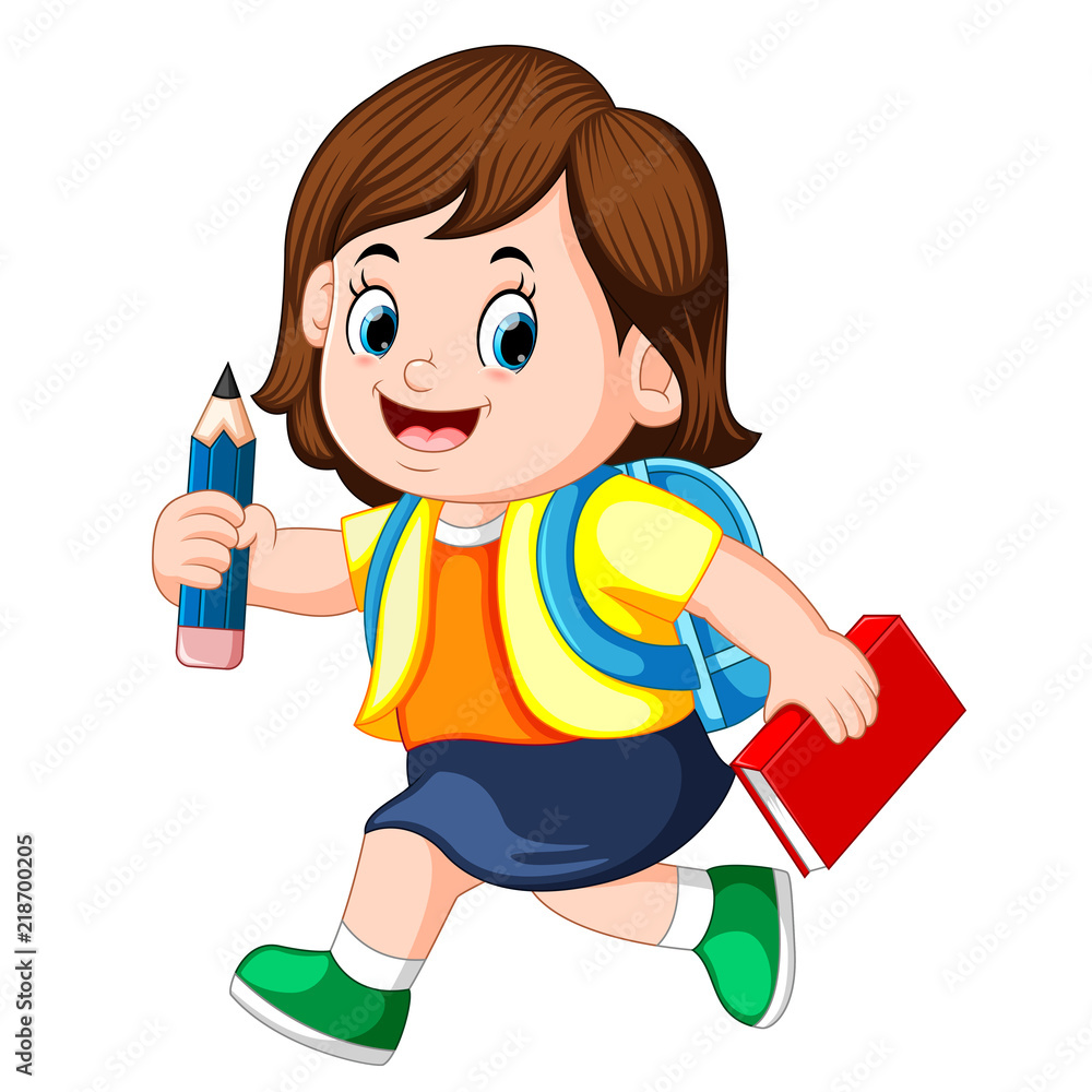 a schoolgirl holding pencil with backpacks and books walking a schoolgirl holding pencil with backpacks and books walking