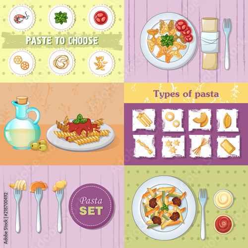 Macaroni pasta spaghetti noodles dinner banner concept set. Cartoon illustration of 6 macaroni pasta spaghetti noodles dinner vector banner concepts for web
