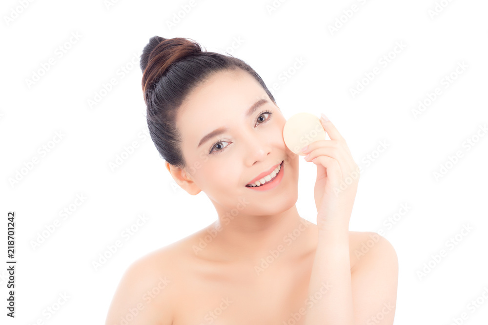 Portrait of beautiful asian woman applying powder puff at cheek makeup of cosmetic, beauty of girl with face smile isolated on white background, wellness and healthcare concept. Portrait of beautiful asian woman applying powder puff at cheek makeup of cosmetic, beauty of girl with face smile isolated on white background, wellness and healthcare concept.
