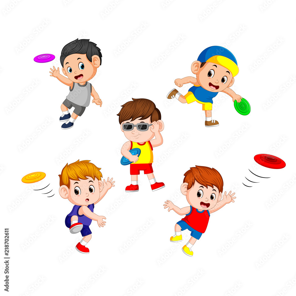Set collection of cute little children playing with frisbee Set collection of cute little children playing with frisbee
