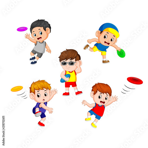 Set collection of cute little children playing with frisbee