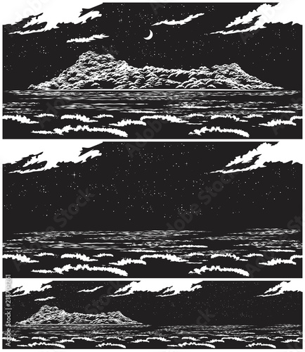 Landscape of the open sea with the island at night
