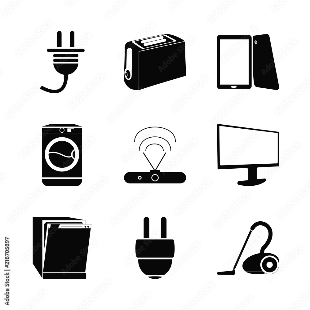 technology vector icons set. vacuum cleaner, washing machine, toster and electr c in this set technology vector icons set. vacuum cleaner, washing machine, toster and electr c in this set